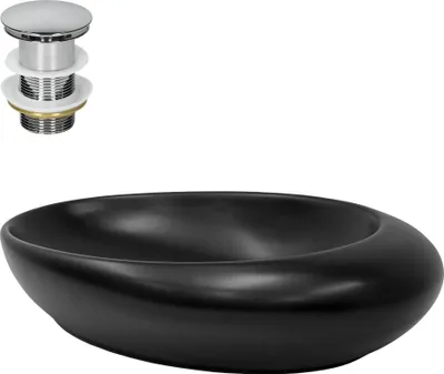Produktbild von LuxeBath Waschbecken Aufsatzwaschbecken Oval, 58,5x37,5x14,5 cm, Schwarz, aus Keramik, inkl. Ablaufgarnitur ohne Überlauf