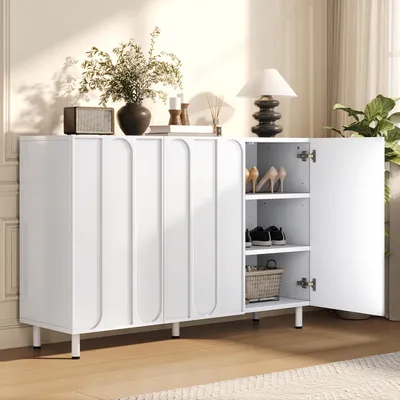 Produktbild von Merax Sideboard 2-in-1 Kommode mit 3 Türen, Schuhschrank mit verstellbare Böden, Aufbewahrungsschrank mit Metallfüße, Flur Wohnzimmer, Weiß