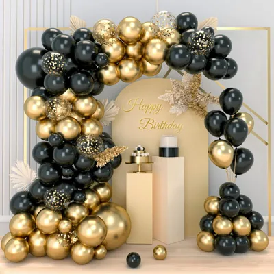 Immagine prodotto di Ghirlande di palloncini neri e dorati, set da 83 pezzi, ideali per decorazioni di compleanno, matrimoni e feste per neonati