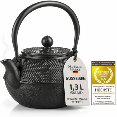 Image de Théière asiatique Dimono en fonte noire | Service à thé de 1,3 l avec réchaud, 2 tasses et passoire | Fabriquée à la main et revêtement en émail