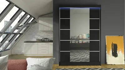 Obrázek produktu pro Posuvná šatní skříň 120 cm se zrcadlem a LED RGB osvětlením SAMANRE 5 - černá