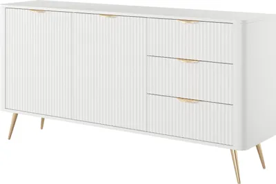 Produktbild von BETTSO Weiß LANTE Kommode 163 cm - 2 Türen, 3 Schubladen, geriffelte Fronten, goldene Griffe und Beine