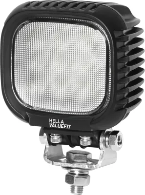 A close-up studio shot of a black and silver LED work light.