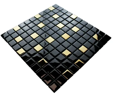 Produktbild von Schwarzes Glasmosaik, schwarze Mosaikfliese mit Zusatz von glänzendem Gold