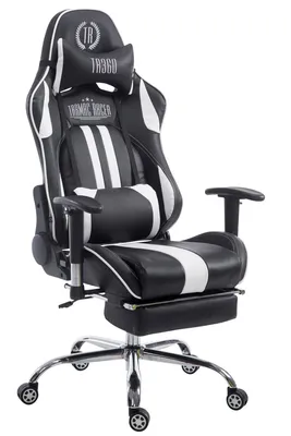 A black and white gaming chair with a footrest, shown from a side-angle.