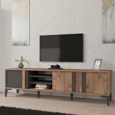 Image de Gruaro - Meuble TV, 180x40x50h cm Chêne Marron, 2 Étagères