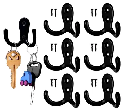Produktbild von 6 Stück Kleiderhaken Wandhaken Schwarz, Garderobenhaken Vintage mit 12 Schrauben, Vintage Doppelhaken für Bad Küche Garage Büro mit Schrauben