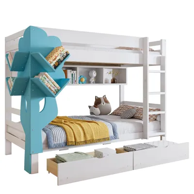 Produktbild von Etagenbett, Kreatives Kinderbett, Bücherregal in Baumform, Offenes Regal, Zwei Schubladen mit Rollen, Mit Fallschutzgitter, Reichlich Stauraum