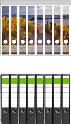 Produktbild von Wallario 8 Stück schmale Ordner inkl. Klebeetiketten mit Motive Weg durch die Dünen zum Meer an der Küste -  Set mit Rückenschildern / Ordnerrücken Stickern
