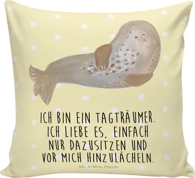 Produktbild von Mr. & Mrs. Panda Dekokissen Robbe Lachen - Gelb Pastell - Geschenk, kuschelkissen 40x40, Nordsee, Sofakissen, Lustige Sprüche, Ostsee, kissen, Zierkissen, Robben, Seehund