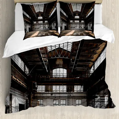 Zdjęcie produktu dla ABAKUHAUS przemysłowy zestaw pościeli, w hangarze Stara architektura Budownictwo Życie miejskie Zużyte okna, 200 x 200 cm + 80 x 80 cm, brązowy biały szary