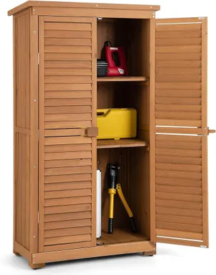 Imagen del producto de Casa de jardín, cobertizo de herramientas de madera, cobertizo resistente a la intemperie, armario de jardín con 3 estantes extraíbles y estructura de madera, cobertizo de madera con techo a dos aguas de asfalto, 87 x 47 x 160 cm