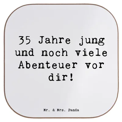 Produktbild von Mr. & Mrs. Panda Tassen Untersetzer Spruch 35. Geburtstag Abenteuer - Weiß - Geschenk, Tischuntersetzer, Jubiläum, Tischschoner, Inspiration zum, Abenteuerlust, Glas