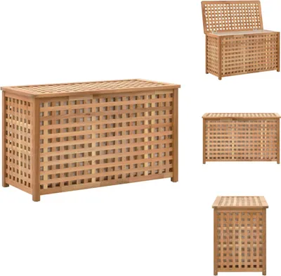 A collage of images showing a wooden storage chest from different angles.