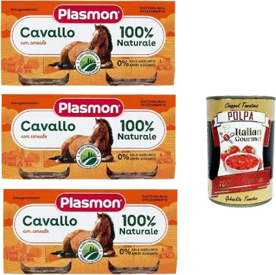 Produktbild von Plasmon Carne Cavallo e cereale 3x (2x80g) Mit italienischem Fleisch, 100% natürlich, ohne Stärken und Räume hinzugefügt + Italian Gourmet polpa 400g