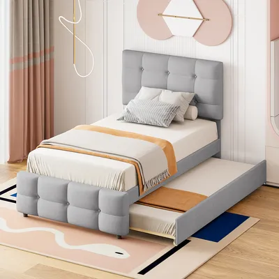 Produktbild von Polsterbett mit Gastbett und Lattenrost, 90x200 cm, Kopfteil höhenverstellbar, Einzelbett, Jugendbett, Leinen
