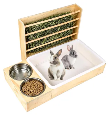 Imagen del producto de Jaula de madera 3 en 1 con arenero y cuencos para comida, de 47 x 28 x 28 cm, para animales pequeños