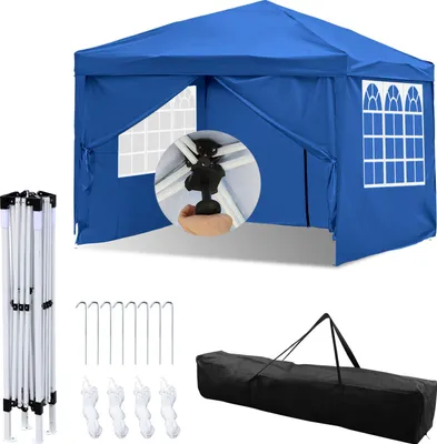 Image de Izrielar Pavillon 3x3m Pavillon pliable avec 4 parois latérales Sac imperméable Protection UV 50+ Pavillon de jardin pop-up Tente de jardin Tente de fête Bleu
