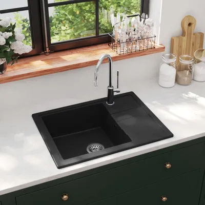 Produktbild von The Living Store Küchenspüle mit Überlauf Oval Schwarz Granit