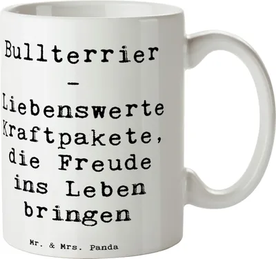 Produktbild von Mr. & Mrs. Panda Kaffeebecher Spruch Bullterrier Kraftpaket - Weiß - Geschenk, Keramiktasse, Kaffeetasse, haferl, Tasse, liebevoll, Pott, Hunderassen Charakter