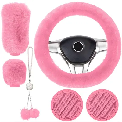 Produktbild von Plüsch Auto-Interieur Set 6-teilig Rosa – Lenkradbezug, Handbremsbezug, Schalthebel & Zubehör – Universal 38 cm