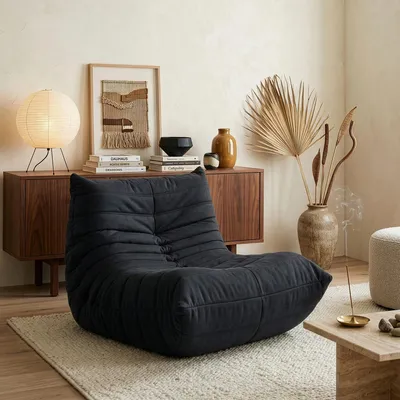 Image de Fauteuil de sol 'Kodsø' rembourré Fauteuil de sol avec dossier 75 x 90 x 100 cm microfibre noir