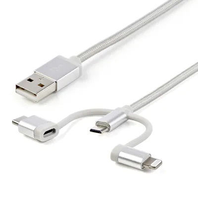 Immagine prodotto di StarTech.com Cavo di ricarica multiplo USB da 1m - Adattatore da USB a Micro-USB o USB-C o Lightning per iPhone / iPad / iPod / Android -  Apple MFi - Caricatore USB 3 in 1 - Intrecciato