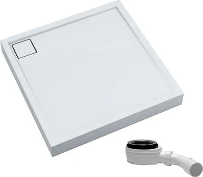 A white square shower tray and a white drain fitting are shown against a white background.