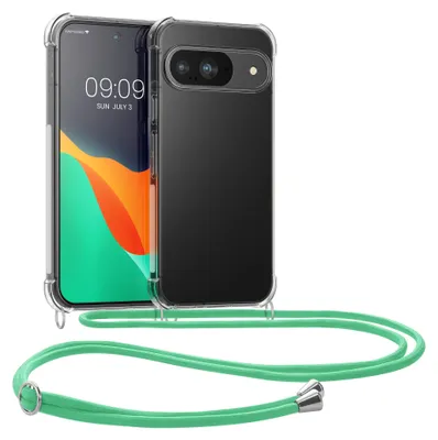 Produktbild von kwmobile Necklace Case kompatibel mit Google Pixel 9 / Pixel 9 Pro Hülle - Silikon Cover mit Handykette - Band Handyhülle Mintgrün Transparent