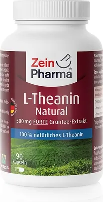 A white bottle of Zein Pharma L-Theanin Natural Forte capsules with green landscape imagery on the label.