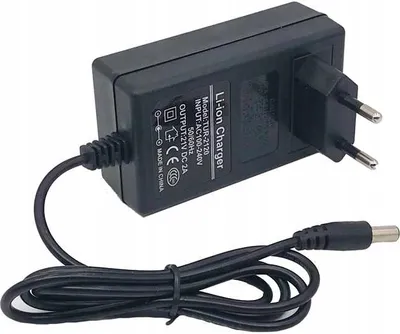 A black AC adapter for a Li-ion battery charger is shown on a white background.