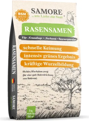 Produktbild von samore- Rasensamen schnellkeimend 5 kg I Nachsaat Rasen I Extrem hohe Keimrate I Rasensamen trockenresistent zur schnellen Lückenschließung I Rasennachsaat RSM Qualität (5 kg für 250 m²)