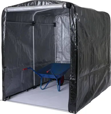 A blue wheelbarrow is inside a black portable storage shed.
