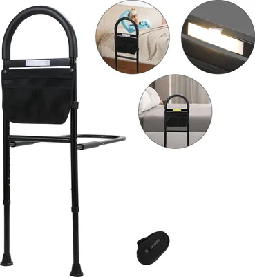 Image de Aopunly Barrière de lit aide à la verticalisation pour adultes âgés Aide à l'accès Poignées de maintien réglables en hauteur (80-104cm) Sac de rangement,avec LED