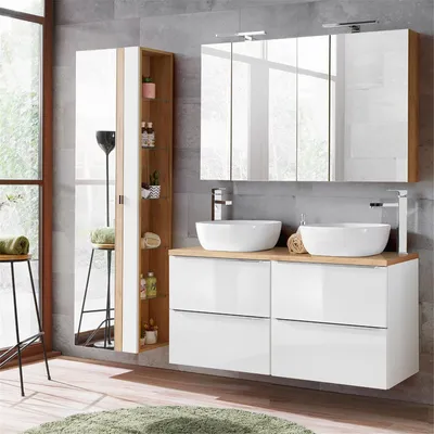 Produktbild von Badezimmermöbel set mit 120cm Doppel Keramik Waschtisch TOSKANA-56 Hochglanz weiß & Wotaneiche, B/H/T ca.: 180/200/46cm