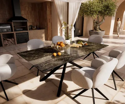 Produktbild von DELIFE Outdoortisch Edge 200x100 cm Keramik Emperador Extra Lucidato Dunkelbraun Kreuzgestell Rechteck Schwarz