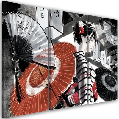 Produktbild von Triptychon auf leinwand geisha mit fächer 90x60 cm Feeby grau wandbild bereit zum aufhängen