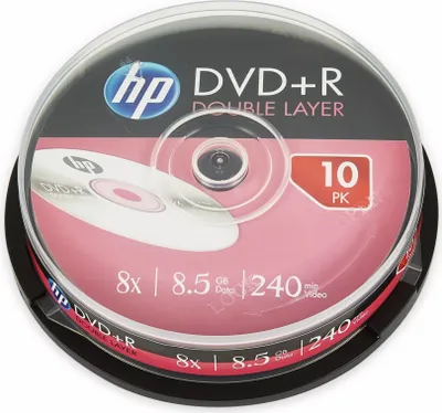 A stack of HP DVD+R Double Layer discs in a clear plastic cake box.