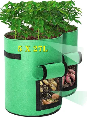 Image de Yakimz Sac de plantation Sac de plantation Pommes de terre Tomates Arachides Tissu non tissé Respirant Sac de plantation Sac à légumes 5 pièces 7 gallons Vert