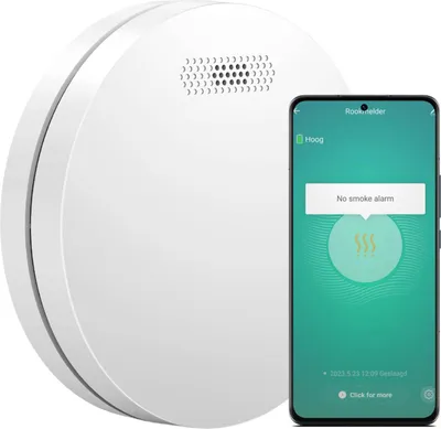 A white smart smoke detector is shown next to a smartphone displaying the device's app interface.