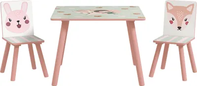 A children's table and two chairs set with animal designs.
