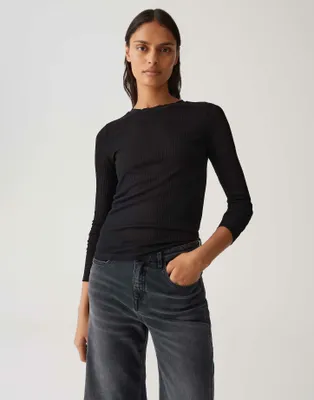 Produktbild von Opus Damen Langarm Pullover Schwarz gerippter Strick Rundhalsausschnitt