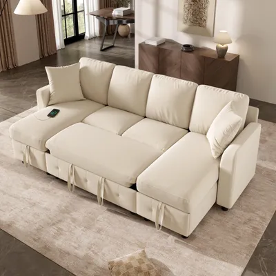 Produktbild von Modernes U-Form Chenille Sofa mit Schlaffunktion, Schlafsofa mit 2 Stauraum-Chaiselongues, ausziehbares Schlafsofa mit 1× USB & 1× Type-C Ladeanschluss, mit 2 Kissen, Beige, 260×128×82 cm