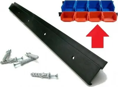 A black mounting strip, screws, wall plugs, and a set of blue and orange storage bins are displayed against a white background, with a red arrow pointing upwards.
