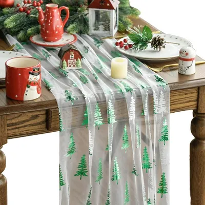 Produktbild von Tüll-Tischläufer Weihnachten Dekorativ Tannenbäume Weiß 70x300 cm