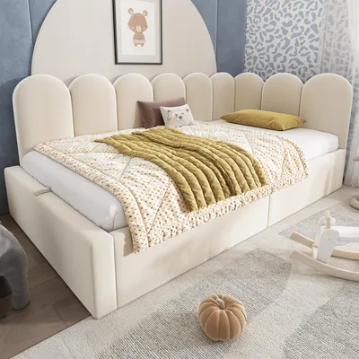 Image de OKWISH Lit Banquette Coffre 90x190 cm - Avec Rangement Hydraulique et Sommier Métallique - Sans Matelas - Velours Beige