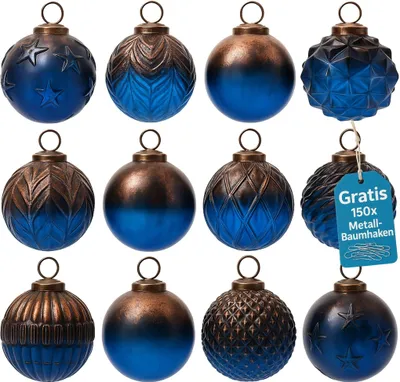Produktbild von Weihnachtskugeln 12er Set Glas Christbaumkugeln Christbaumschmuck Blau 00219