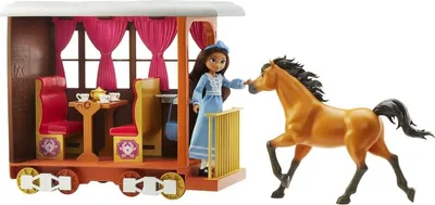 Produktbild von Zug-Abenteuer Spielset, Puppe Lucky (18cm) & Pferd Spirit (20cm), Zug mit rollenden Rädern, Speisezubehör, Spielzeug