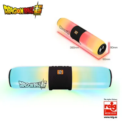 A product shot of a cylindrical Bluetooth speaker with colorful lighting, showing dimensions and branding.