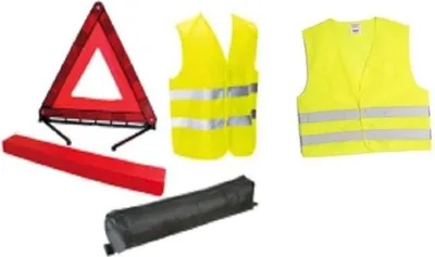 Image de Kit de Sécurité Auto Moto, Triangle de Signalisation 550grs, 2 Gilets de Sécurité Jaune XL, Bandes Réfléchissantes